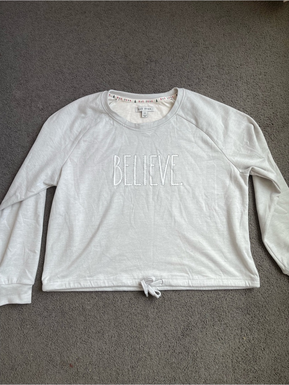 Rae Dunn 'BELIEVE' Crewneck Sweatshirt - Light Gray